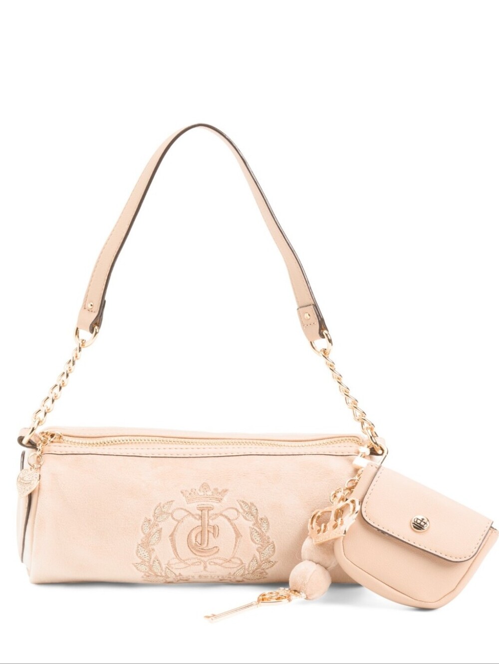 JUICY COUTURE Velour Barrel Cylinder Satchel Buff Beige Gold Embroidered w/Charm